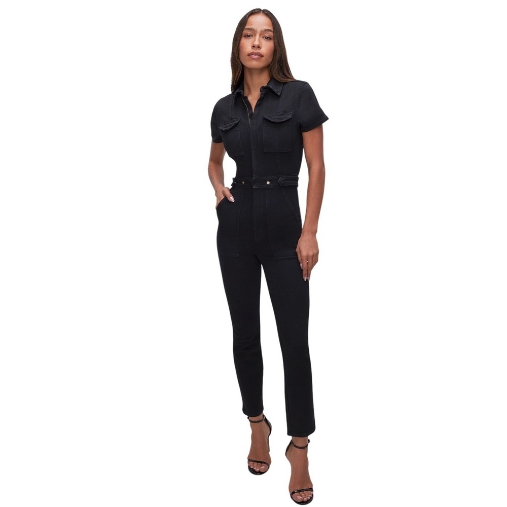 GOOD AMERICAN Utility Jumpsuit Black Short Sleeve Belted Cargo Full Length S